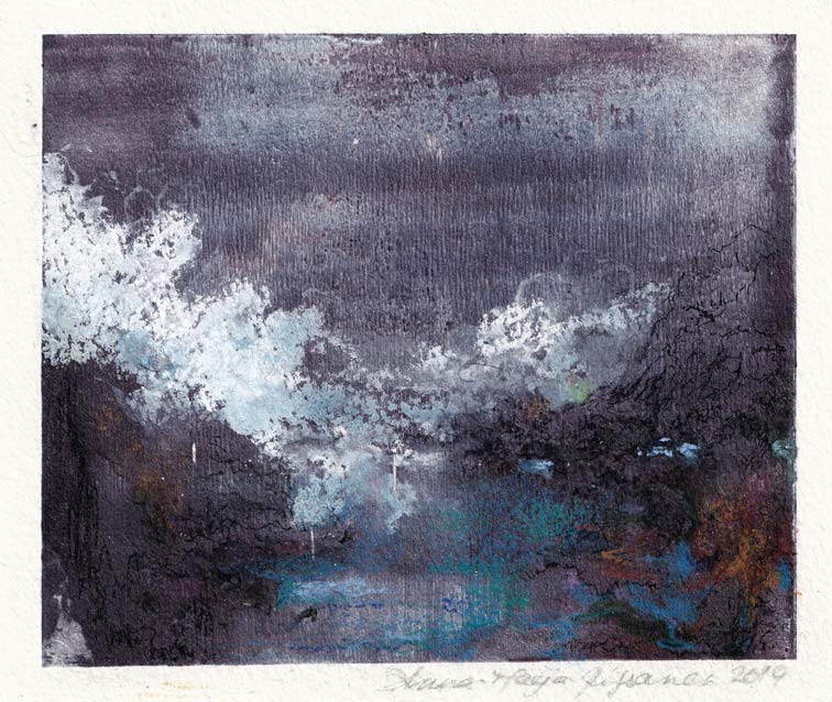Anna-Maija Rissanen 1, Finland, Clair de Lune, 2019, Mixed Media (Watercolour, Etching), 10 x 7 cm