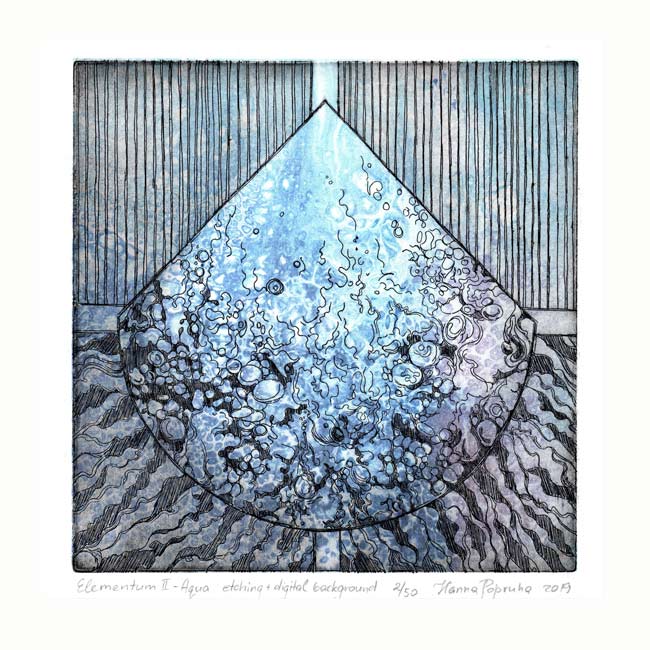Hanna Popruha 2, Poland, Elementum II - Aqua, 2019, Etching, Digital Background, 16 x 16 cm