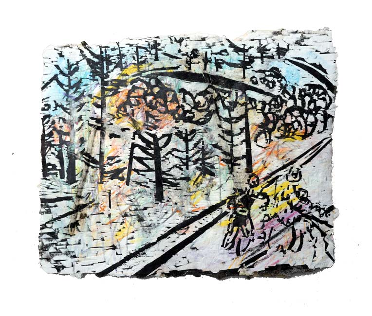 Jocelyne Benoit 1, Canada, Montagne 1, 2008, Woodcut, Collage, Watercolor, Hand Made Paper, 20 x 28 cm