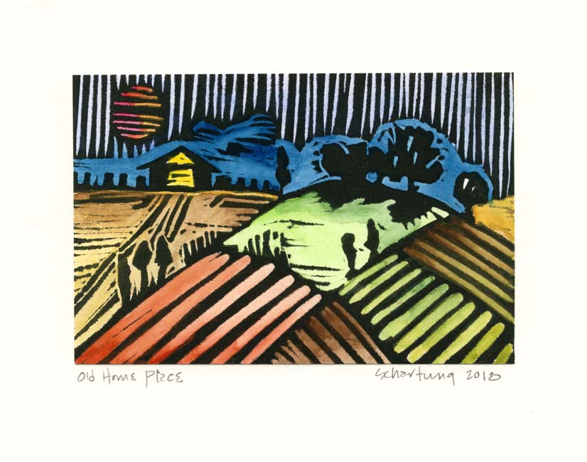John Schartung 1, USA, Old Home Place, 2018, Lino Cut, Watercolor, 17,5 x 21 cm