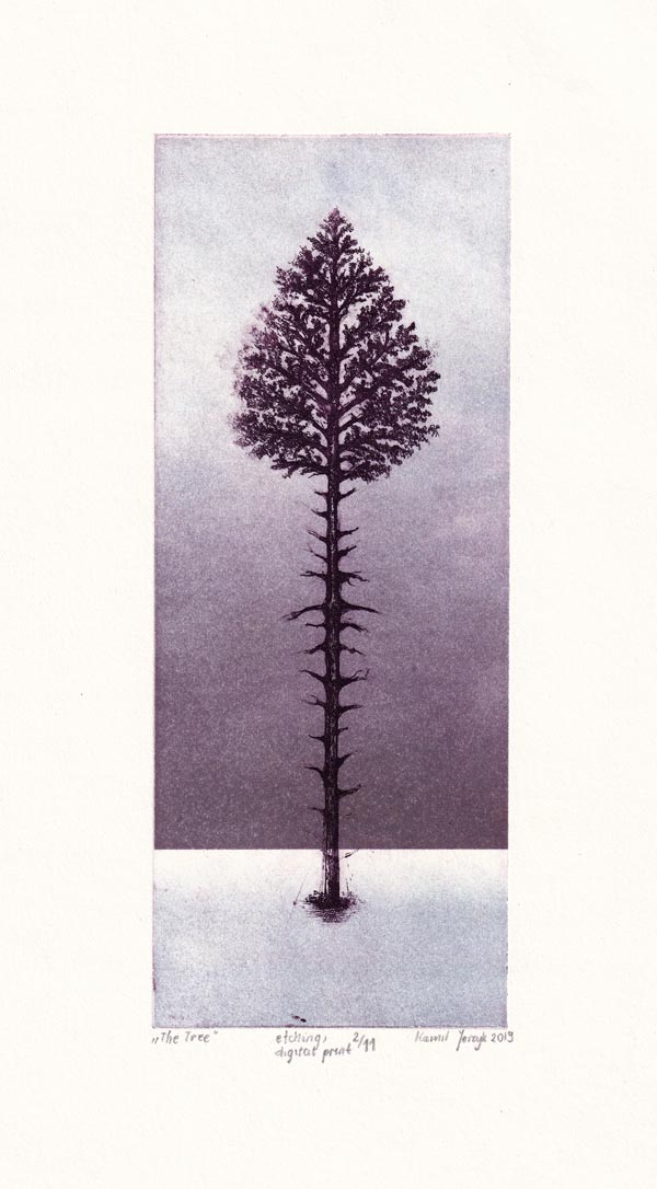 Kamil Jerzyk 1, Poland, The Tree, 2019, Etching and Digital Print, 20 x 8 cm
