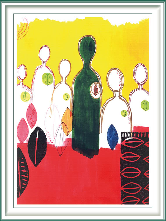 Antonietta Torsiello 3, United Kingdom, Thought Burns Its Creator, Acrylic, Linocut on Yellow Paper, 33 x 35 cm